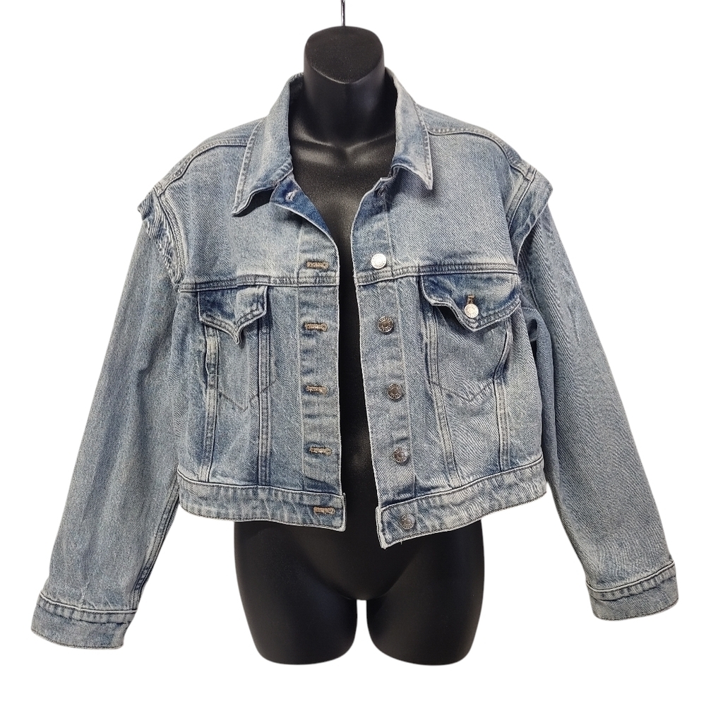 Express Women's Blue Layered Cap Sleeve Cropped Denim Jean Jacket  Size Large - Picture 4 of 12
